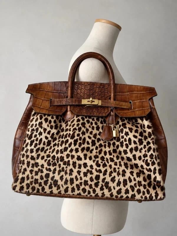 Vintage Y2K Genuine Leather Oversized Leopard Print Large Croc Handbag